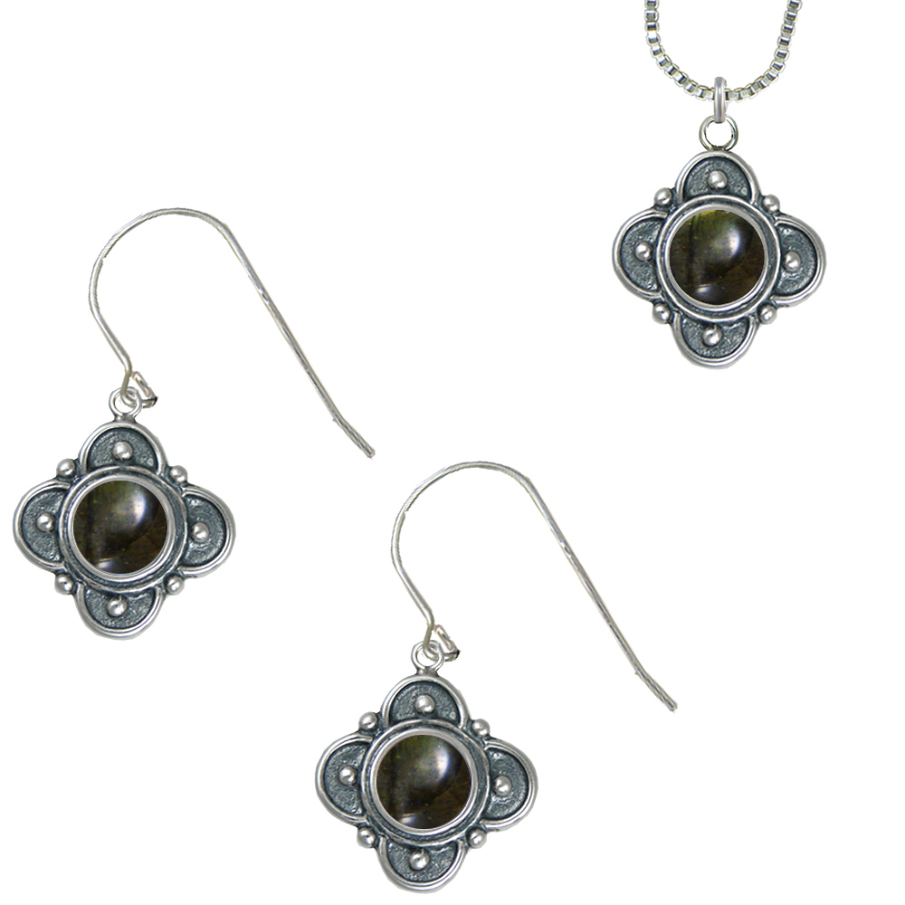 Sterling Silver Necklace Earrings Set Spectrolite